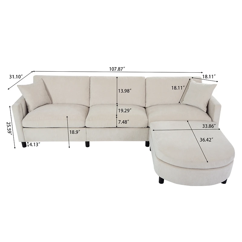 Streamdale Furniture 107.87'Sectional Sofa Couch With 1 Ottoman, Seat Cushion And Back Cushion Removable