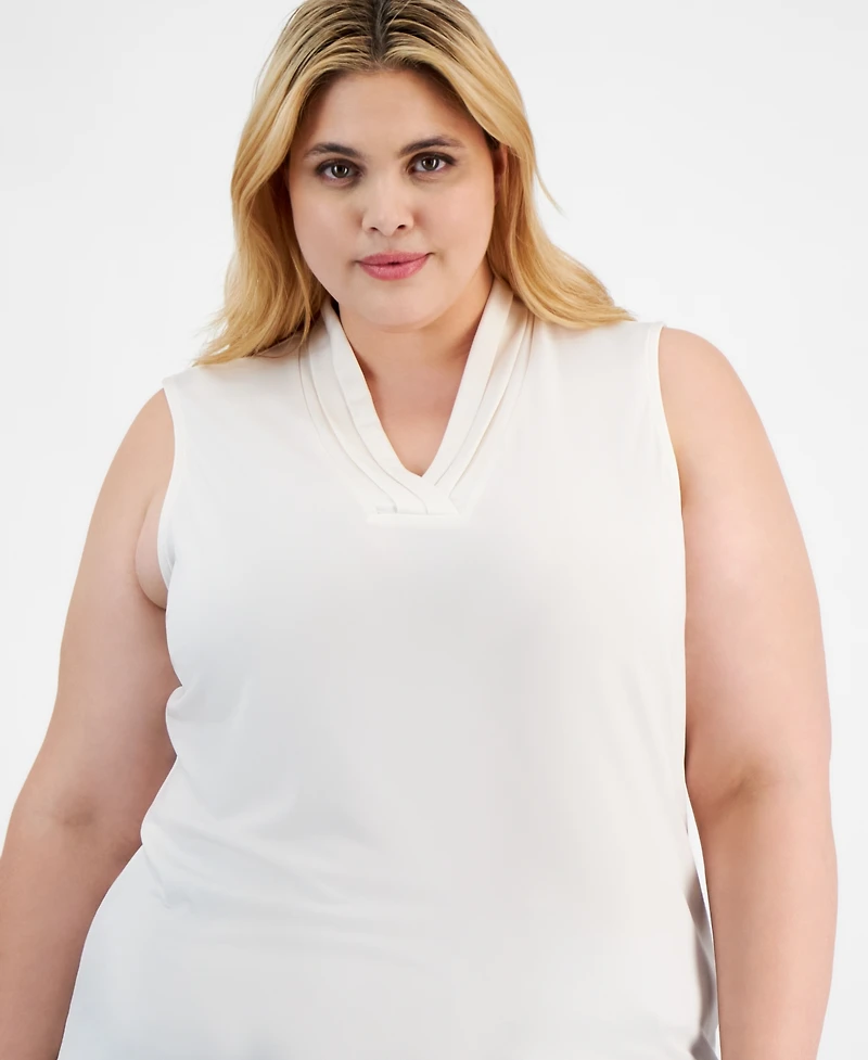 Anne Klein Plus Sleeveless Pleated V-Neck Top