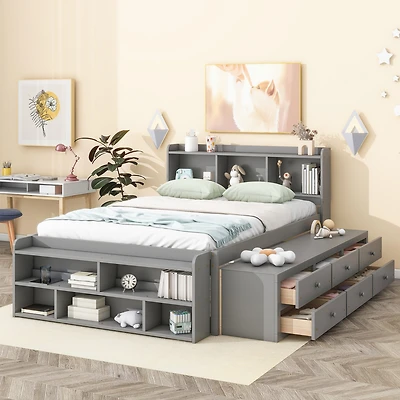 Streamdale Full Bed with Headboard Bookcase, Storage Drawers & End Case