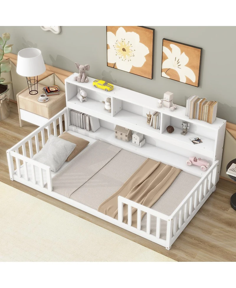 Simplie Fun Twin Floor Bed With Bedside Bookcase, Shelves, Guardrails, White