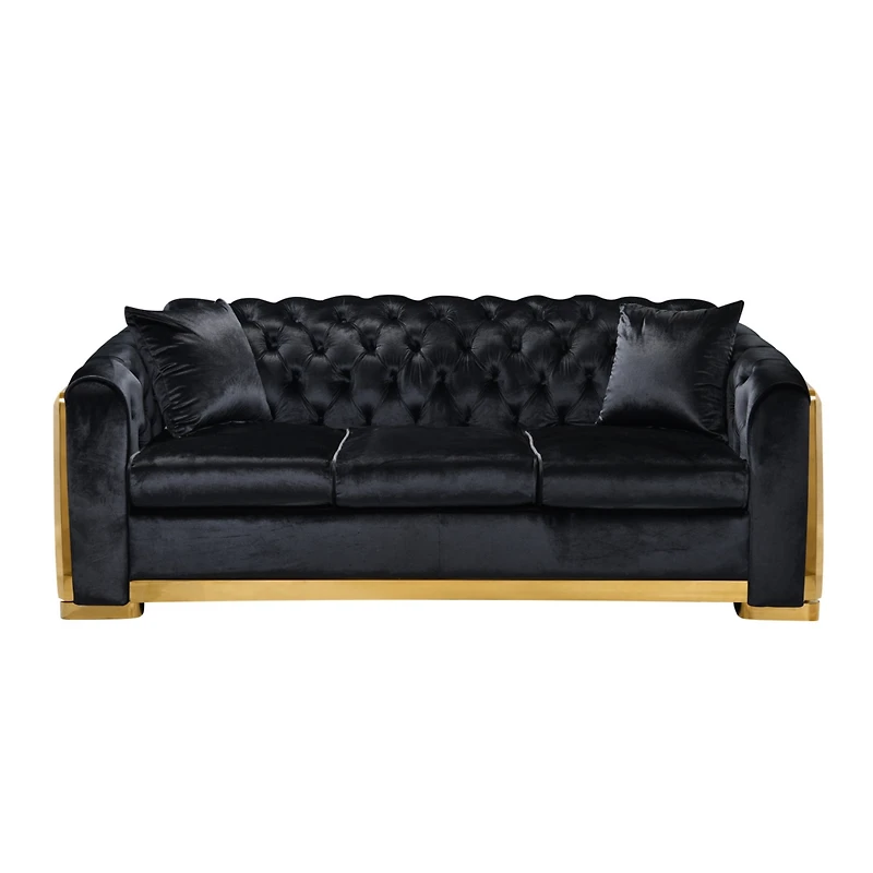 Streamdale Furniture 84" Tufted Velvet Sofa Set, Black with Gold Stainless