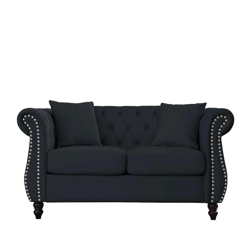 Streamdale Furniture Black Velvet Chesterfield Sofa with Rolled Arms & Nailhead Trim, 2-Seater, 2 Pillows