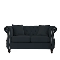 Streamdale Furniture Black Velvet Chesterfield Sofa with Rolled Arms & Nailhead Trim, 2-Seater, 2 Pillows