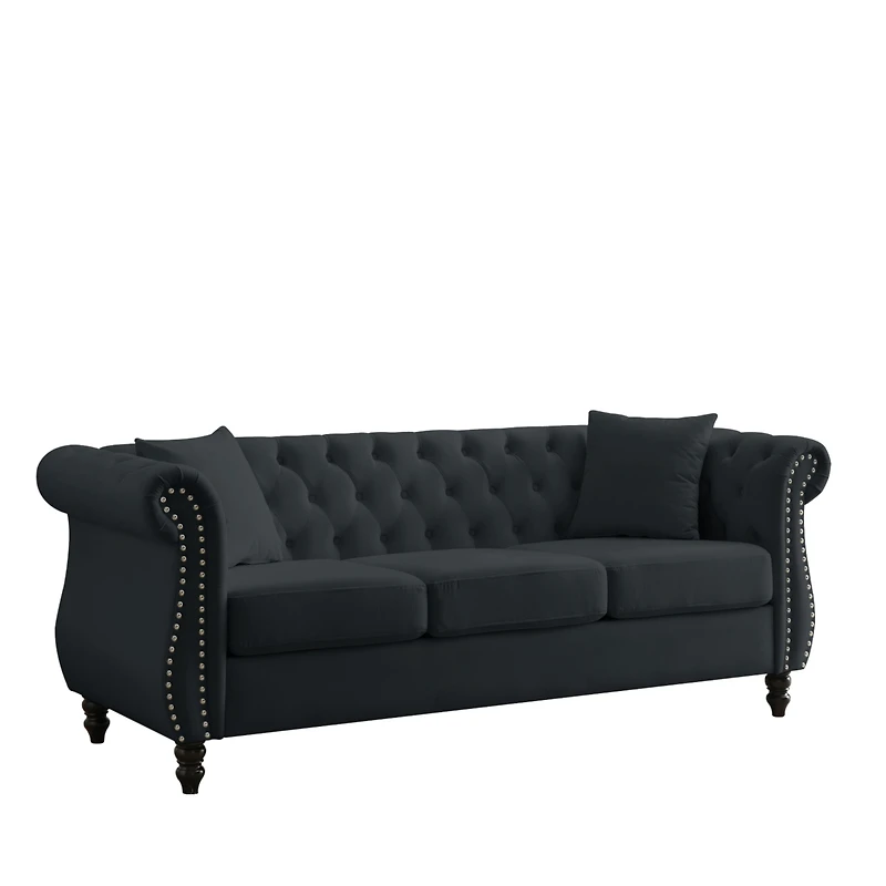 Simplie Fun Black Velvet Chesterfield Sofa with Tufted Couch, Rolled Arms, Nailhead, 3 Seater, 2 Pillows
