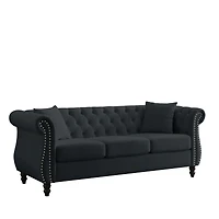 Simplie Fun Black Velvet Chesterfield Sofa with Tufted Couch, Rolled Arms, Nailhead, 3 Seater, 2 Pillows