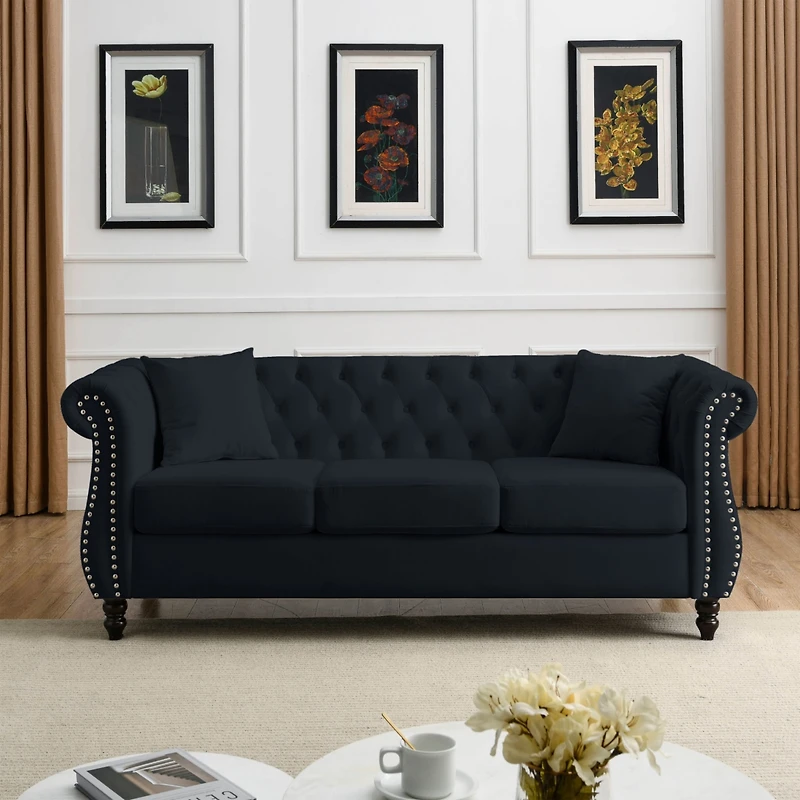 Simplie Fun Black Velvet Chesterfield Sofa with Tufted Couch, Rolled Arms, Nailhead, 3 Seater, 2 Pillows