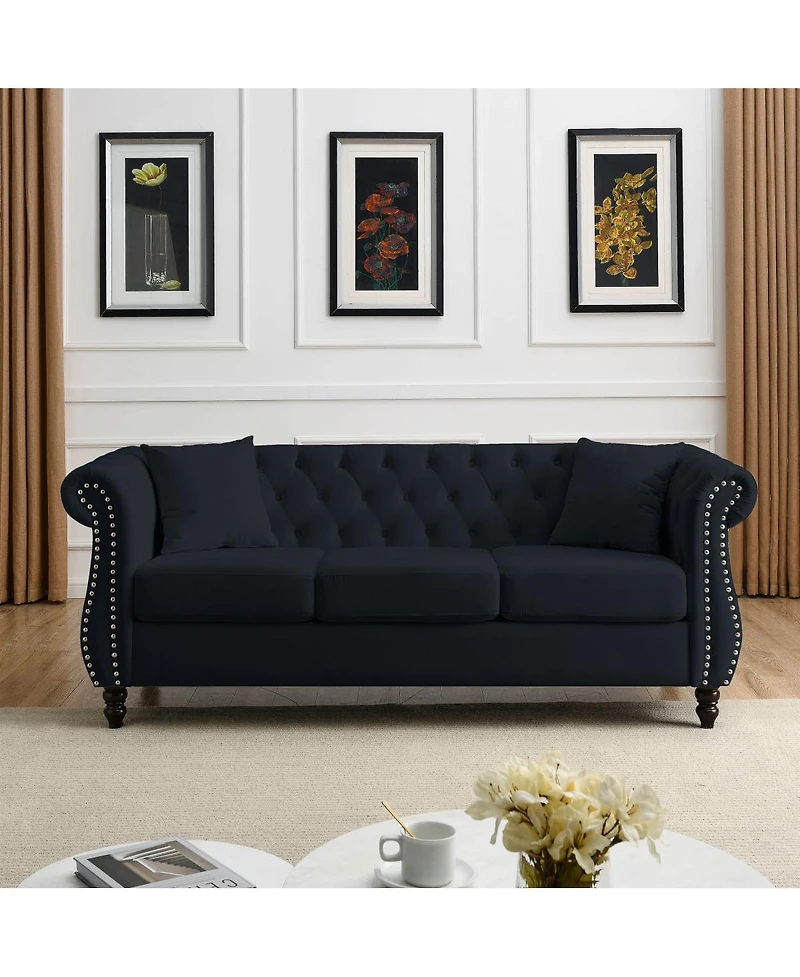 Simplie Fun Black Velvet Chesterfield Sofa, 3-Seater, Tufted Couch