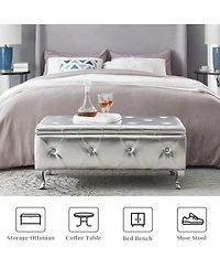 Simplie Fun Crystal Button Faux Leather Ottoman Bench - Silver