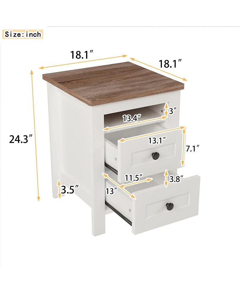 Simplie Fun Farmhouse Wooden Nightstand with Storage, White+Brown
