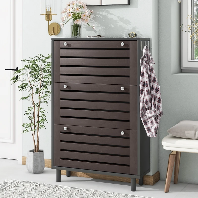 Streamdale Slim shoe cabinet with hanging hooks, drawers, and adjustable panels