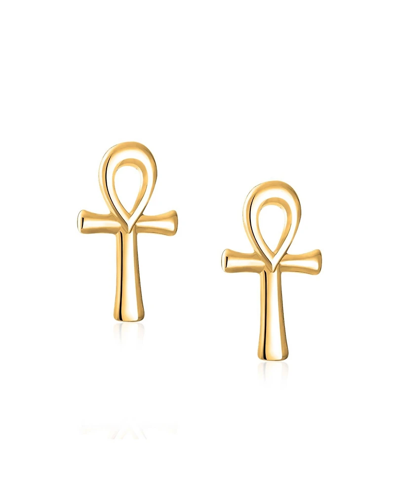 Bling Jewelry Minimalist Petite Delicate Religious Symbol of Life Egyptian Ankh Cross Stud Earrings 14k Gold 2.5 Microns Vermeil Sterling Silver