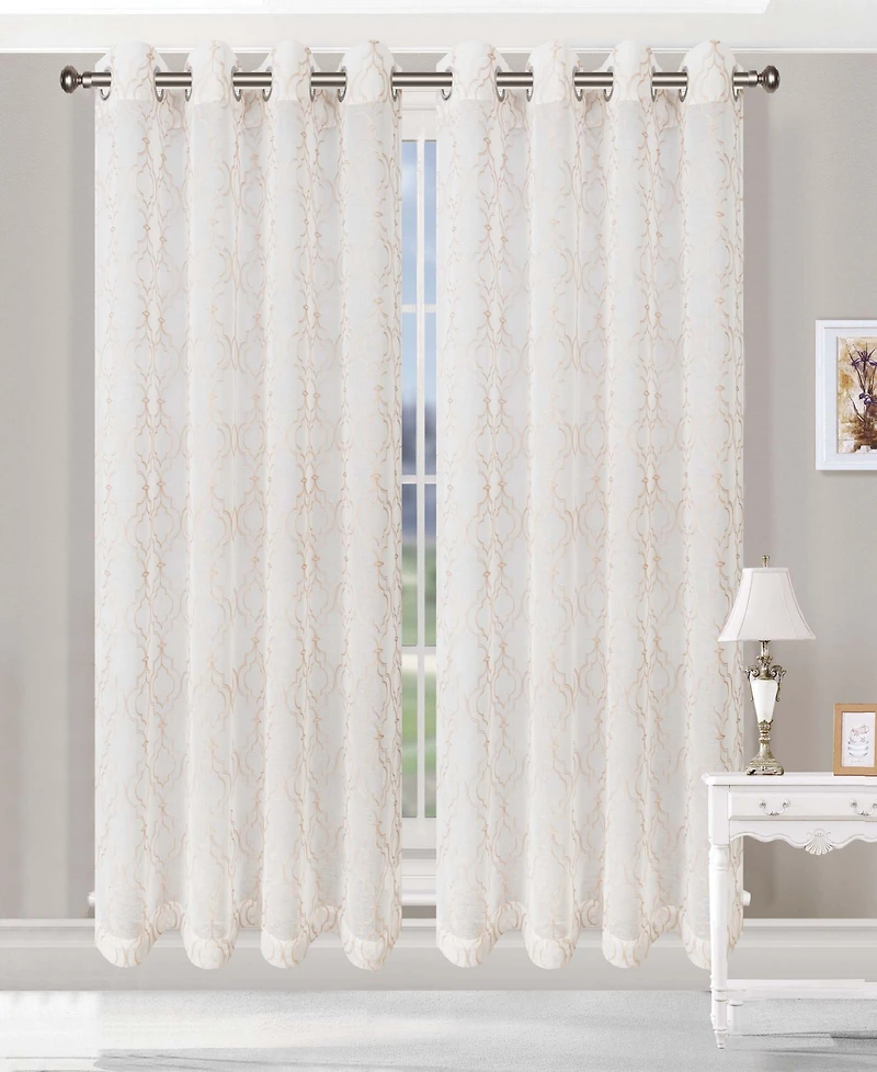 Superior Modern Embroidered Imperial Trellis Sheer 2-Piece Curtain Panel Set with Grommet Header Top