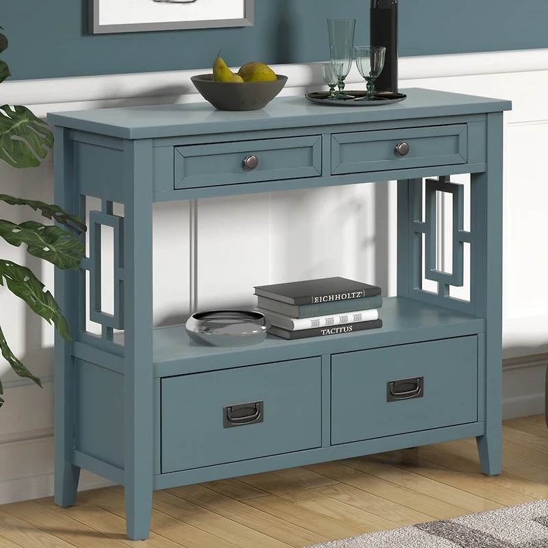 36" Farmhouse Pine Wood Console Table Entry Sofa Table With 4 Drawers & 1 Storage Shelf