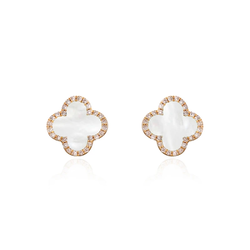 The Lovery Mother of Pearl Diamond Clover Stud Earrings 14K Gold