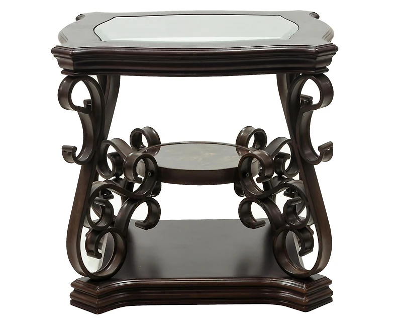 Streamdale Glass Top End Table with Marble Shelf and Metal Legs