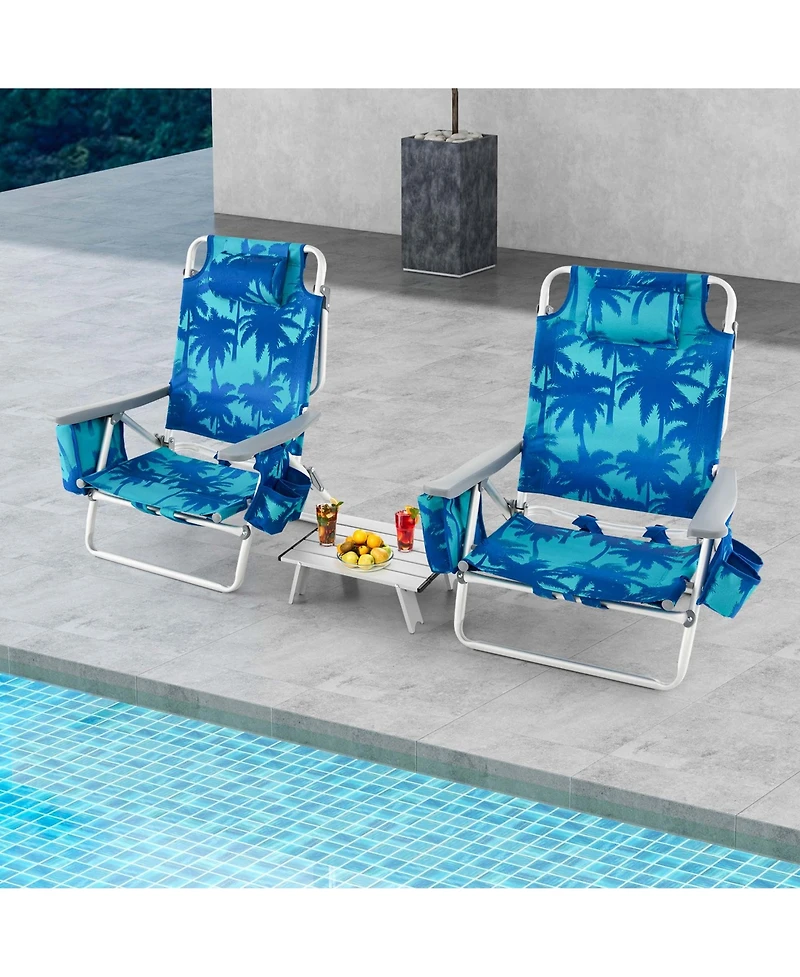 Costway 2-Pack Folding Backpack Beach Chair Table Set 5-Position Outdoor Reclining