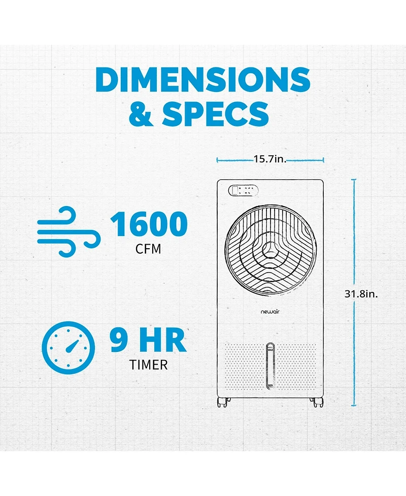 Newair Evaporative Air Cooler and Portable Cooling Fan, Honeycomb Pad Cooling, 1600 Cfm Cyclone Circulation, Top Loading Ice Chamber, 3.16 Gallon Remo