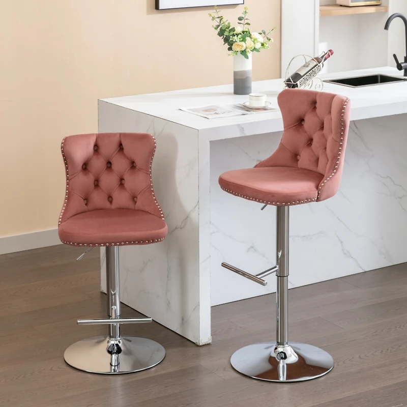 Simplie Fun Modern Pink Velvet Swivel Barstools, Set of 2