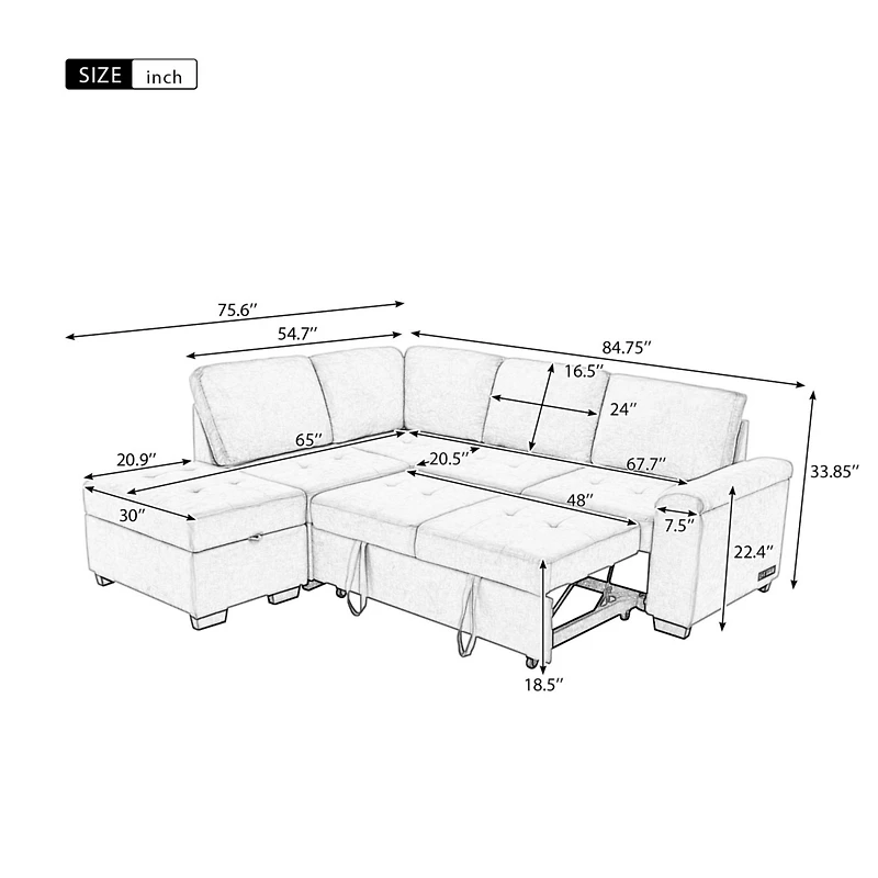 Simplie Fun L-Shaped Sleeper Sectional Sofa with Usb Charge