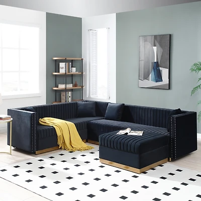 Streamdale Modern Black Velvet Sectional Sofa with Ottoman