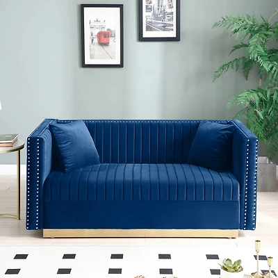 Streamdale Blue Velvet Vertical Tufted Sofa Loveseat