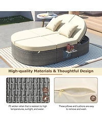 Simplie Fun Gray Rattan Outdoor Daybed with Cushions and Cup Trays