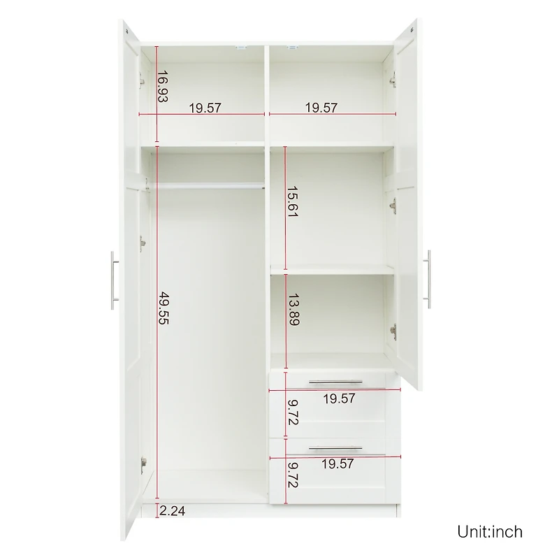 Streamdale Furniture High Wardrobe And Kitchen Cabinet With 2 Doors, 2 Drawers And 5 Storage Spaces, White