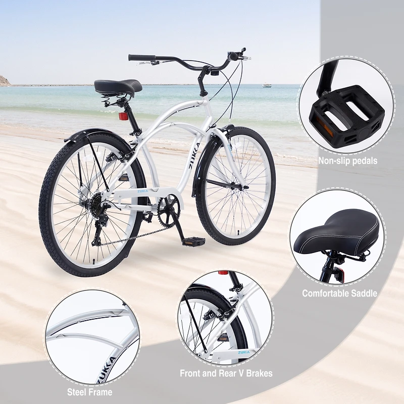 Men'S Beach Cruiser Bike, 7 Speed Bicycles, 26"Inch Multiple Colors