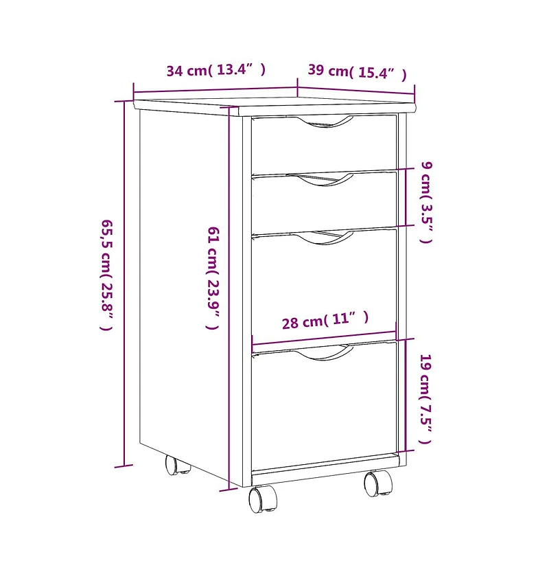 vidaXL Moss 4-Drawer Chest, Solid Pine Wood Mobile File Cabinet, Storage Cabinet on Wheels, Chest of Drawers for Home Office, Easy Assembly & Maintena