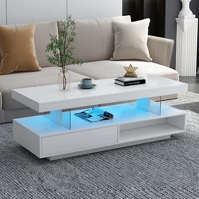 Simplie Fun Modern White Led Coffee Table with Storage, 2 Drawers, and Shelves