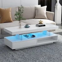 Simplie Fun Modern White Led Coffee Table with Storage, 2 Drawers, and Shelves