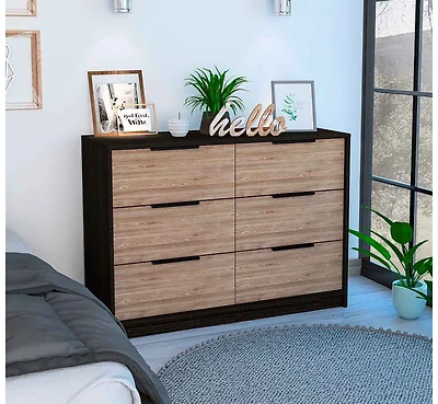 Streamdale Longhill 6-Drawer Rectangle Dresser Black Wengue And Pine