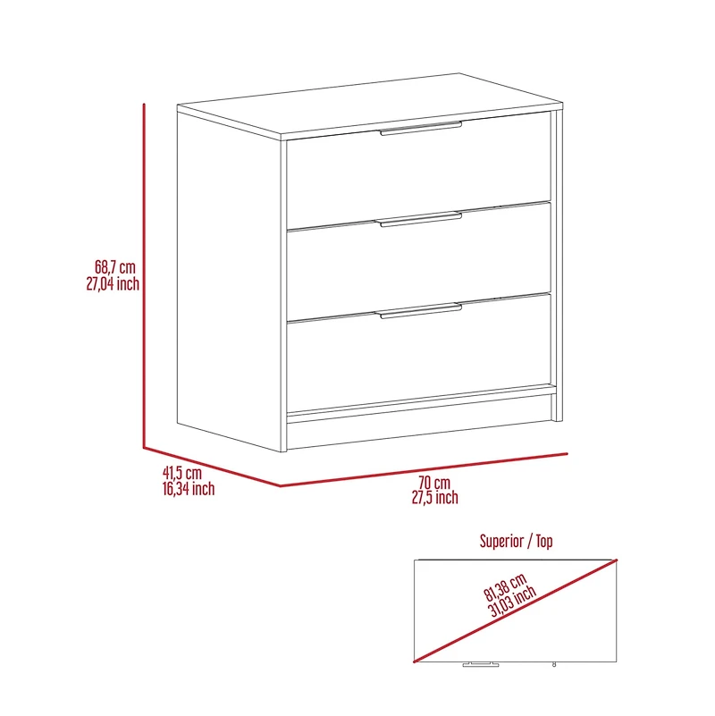 Streamdale Kaia 3 Drawers Dresser, Superior Top - Light Gray