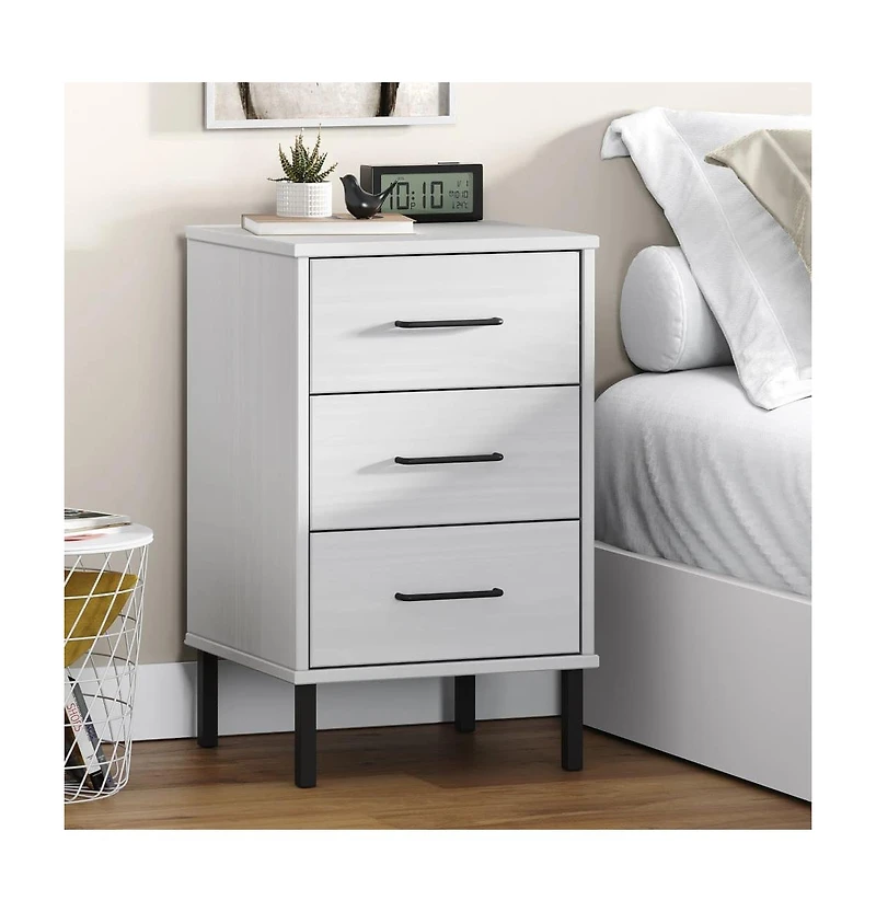 Bedside Cabinet White Solid pine wood, Metal Bedside Cabinet