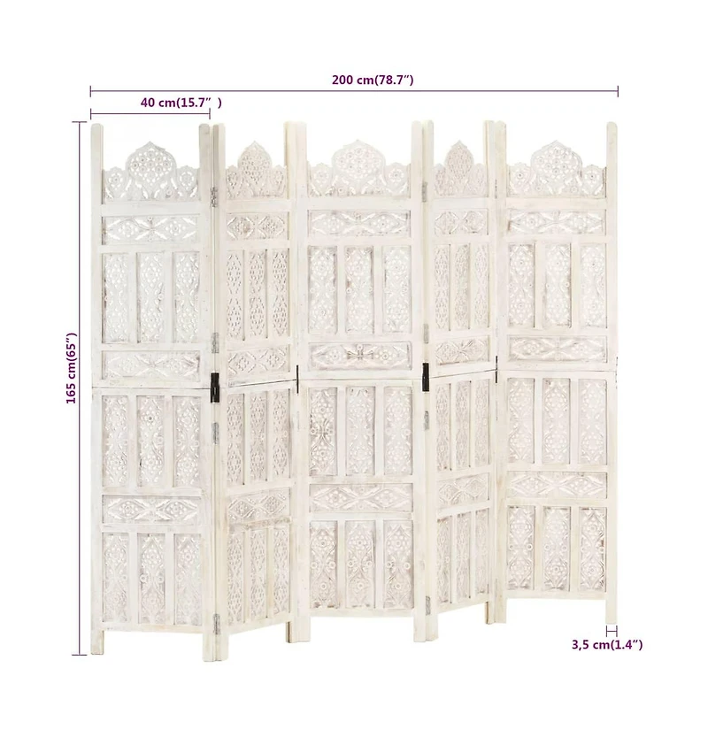 Hand carved 5-Panel Room Divider White 78.7"x65" Solid Mango Wood