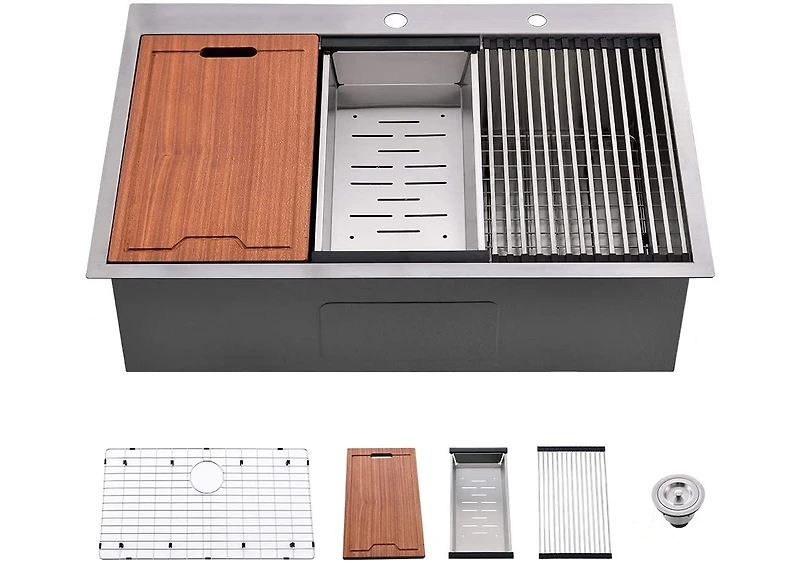 Streamdale Furniture Workstation 33-inch Drop-In 16 Gauge Kitchen Sink R10 Radius Stainless Steel Kitchen Sink Single Bowl with Integrated Ledge & Acc