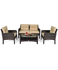 Gymax 4PCS Rattan Wicker Patio Conversation Set Cushioned Outdoor Furniture Set