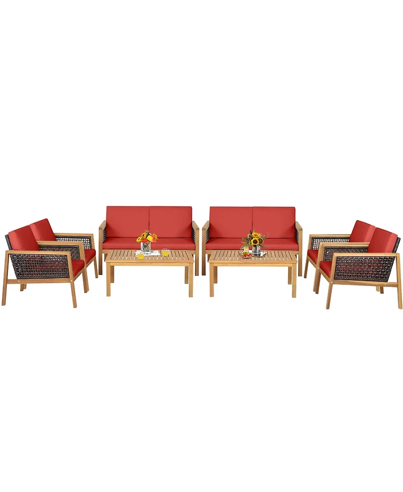Gymax 8PCS Patio Acacia Wood Furniture Set Pe Rattan Conversation Set w/ Red Cushions