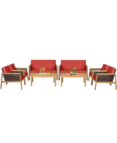 Gymax 8PCS Patio Acacia Wood Furniture Set Pe Rattan Conversation Set w/ Red Cushions