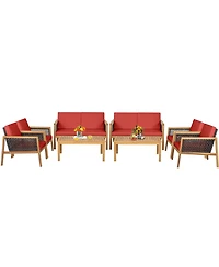 Gymax 8PCS Patio Acacia Wood Furniture Set Pe Rattan Conversation Set w/ Red Cushions