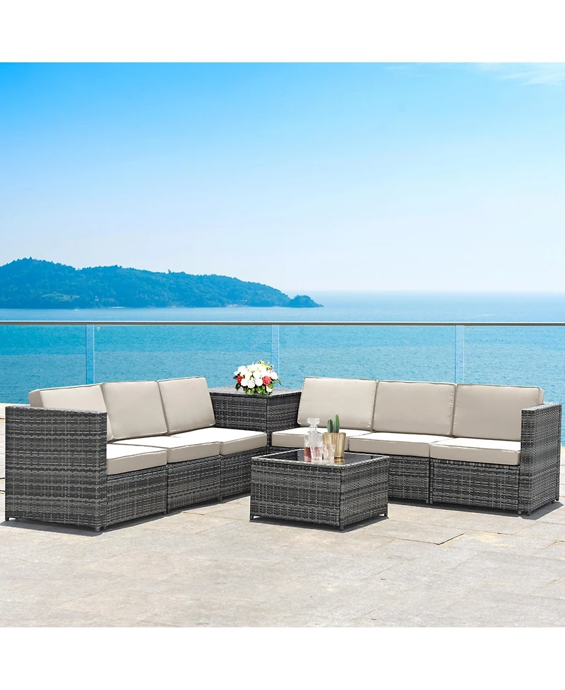 Gymax 8PCS Patio Rattan Sofa Sectional Conversation Furniture Set w/ White Cushion