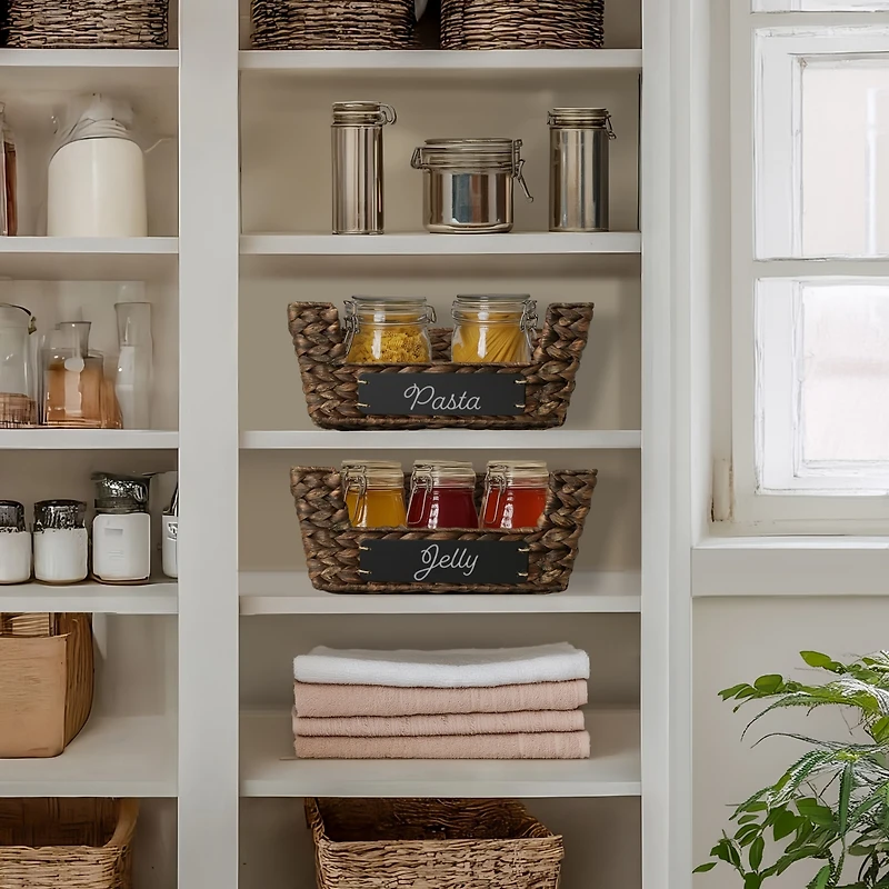 Casafield (Set of 2) Water Hyacinth Pantry Baskets with Handles and Chalkboard Labels - Espresso, Wide Woven Storage for Kitchen Shelves