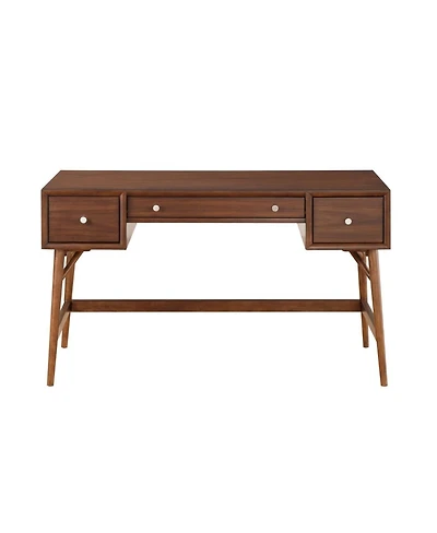 Brown Finish Stylish Writing Desk Storage Drawers Nickel Knob Hardware Walnut Veneer Wood Furniture