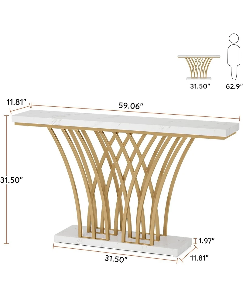 Tribesigns 59.06 inch Gold Console Table, Modern Entryway Table with Grid-Shaped Metal Base for Entrance, Hallway, Entryway, Living Room(White Faux Ma