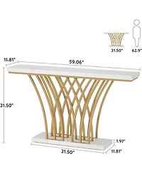 Tribesigns 59.06 inch Gold Console Table, Modern Entryway Table with Grid-Shaped Metal Base for Entrance, Hallway, Entryway, Living Room(White Faux Ma