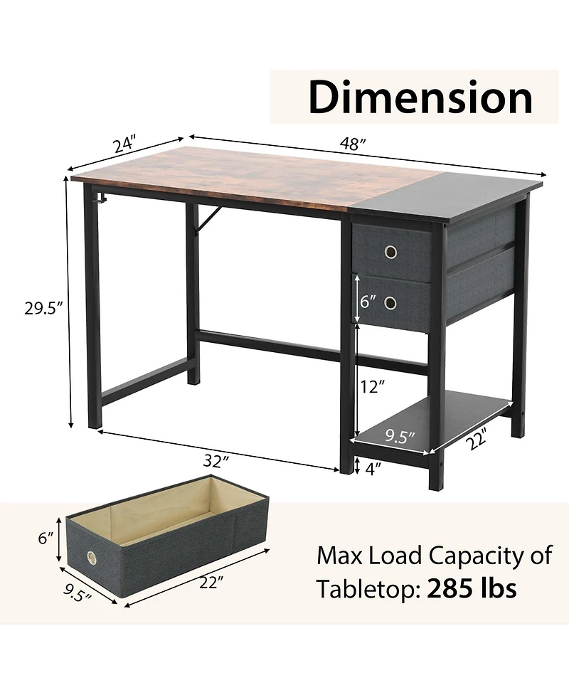 Costway 48" Home Office Desk with Storage Headphone Hook Shelf & 2 Drawers Laptop Desk