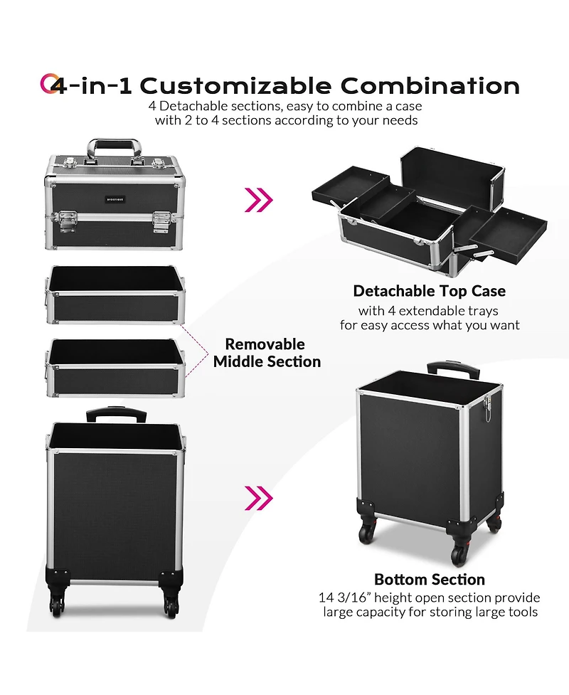 Byootique Black 4in1 Rolling Makeup Train Case Makeup Artist Cosmetic Organizer