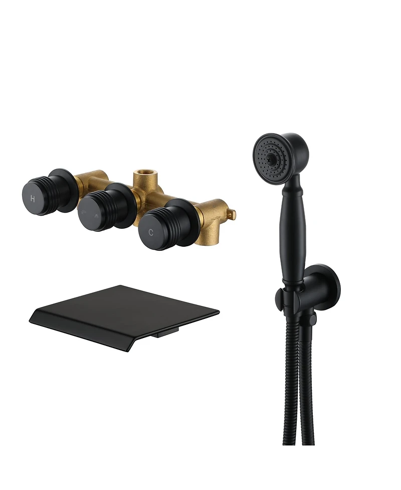 Mondawe 3-Handle Waterfall Wide-Spray High Pressure Tub and Shower Faucet Matte Black With Valve