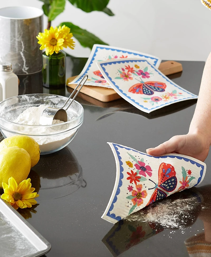 Design Imports Swedish Dishcloths for Kitchen Cleaning, Machine Washable Dishwasher Safe, 7.75 x 6.75", Butterfly Folk, 3 Piece