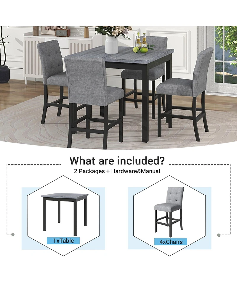 Simplie Fun 5-Piece Counter Height Dining Set Wood Square Dining Room Table And Chairs Stools with Footrest
